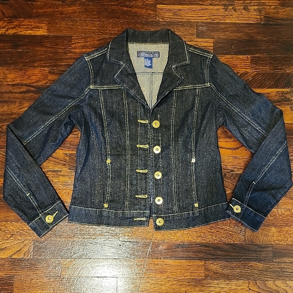 Baccini Blue and Gold Jean Jacket with Gold Sparkle Thread Accents Tailored Fit